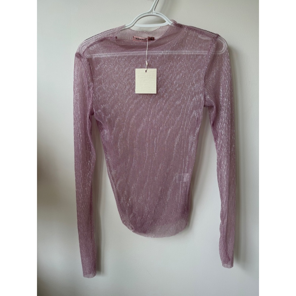 Skylar Rose Mauve Pink Metallic Plisse Sheer Mock Neck Long Sleeve Top Size M